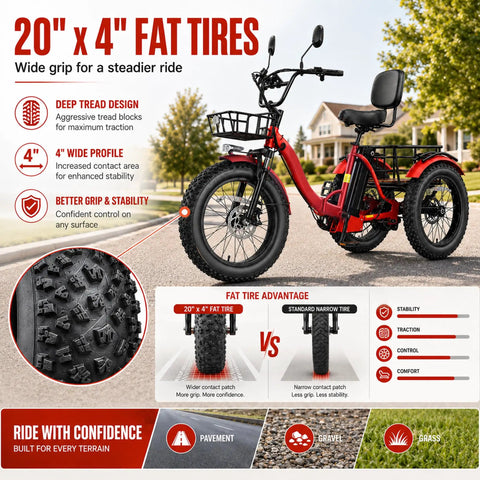 All Terrain Fat Tire Electric Tricycle For Adults With 750W Motor And Removable 48V 15.6Ah Battery, 40 To 60 Mile Range For City Cruisin And Errands, 20 Inch By 4 Inch Fat Tires, 3 Wheel E Trike, 330 Lb Payload, Heavy Duty High Carbon Steel Frame, Front view with 20x4 tires