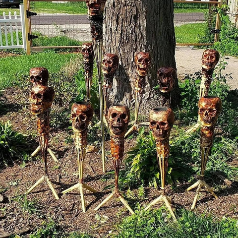 Skull Tiki Torch Set For Halloween Yard Decor, Handcrafted Skull Pattern Outdoor Lights, Weather Resistant Patio Lanterns, installed