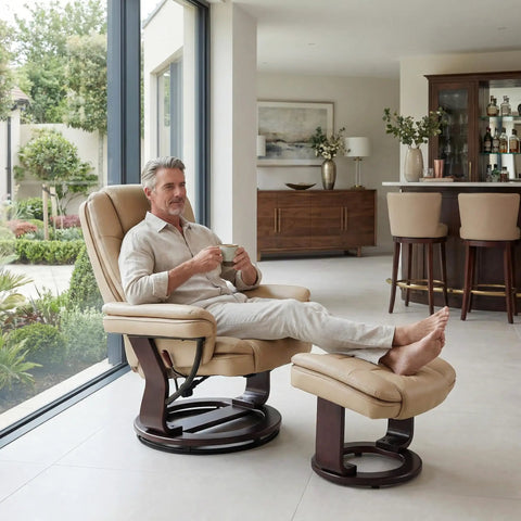 Man relaxing on Swivel Recliner With Ottoman And Wood Base In PU Leather Ultra Plush Double Foam For Cozy Comfort Footrest 360 Degree