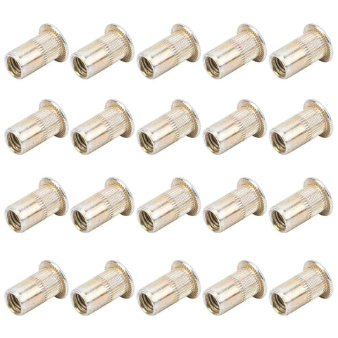 Badass Heavy Duty Zinc Coated Rivet Nut Kit Including One Hundred Assorted Sizes For Quick Automotive Repairs And Tough Metalworking Diy Hardware Projects, assorted zinc rivet nuts, close-up view.