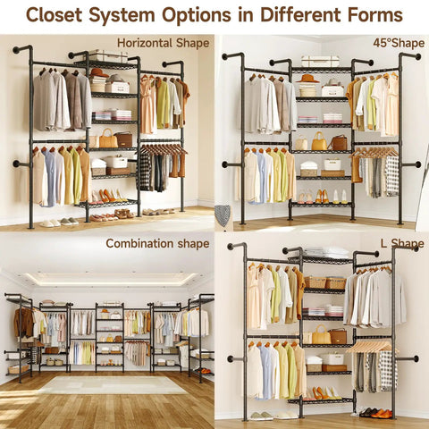Heavy Duty Wall Mounted Closet System With Expandable Industrial Pipe Clothing Rack in horizontal, 45°, combination, and L shapes.