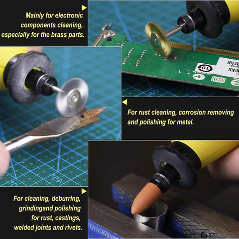 Close-up of One-Stop Rotary Tool Accessories Kit With 419-Piece Set in use for electronic cleaning, metal polishing, and rust removal