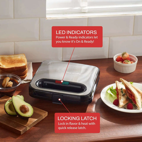Go-To Panini Maker Grill Press For Quick Grilled Cheese And More 2 Slice, 750 Watt Stainless Steel on kitchen counter with LED indicators