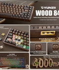 Premium Solid Walnut Wood 75 Percent Wireless RGB Mechanical Gaming Keyboard Featuring Dope Hot Swap Caps And Fire Backlighting, top view with RGB lighting.