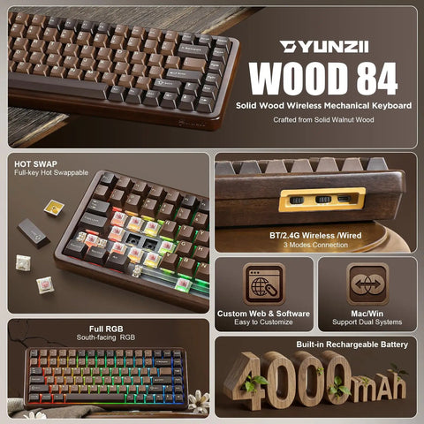 Premium Solid Walnut Wood 75 Percent Wireless RGB Mechanical Gaming Keyboard Featuring Dope Hot Swap Caps And Fire Backlighting, top view with RGB lighting.