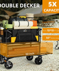 Extra Long Foldable 50 Inch Two Level Wagon With Big Wheels 400L Capacity Heavy Duty All Terrain Cart Double Decker Beast Hauler For Outdoors Sports And Camping loaded with camping gear.