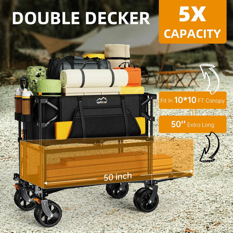 Extra Long Foldable 50 Inch Two Level Wagon With Big Wheels 400L Capacity Heavy Duty All Terrain Cart Double Decker Beast Hauler For Outdoors Sports And Camping loaded with camping gear.