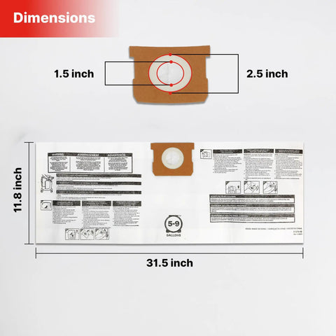 Dimensions of Disposable Vacuum Filter Bags For 5-9 Gallon Vacs, Dry Pick Up Only, White Paper, 3 Pack labeled on an image
