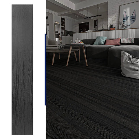 Peel And Stick Vinyl Floor Tiles Wood Plank Look Black Finish 24 Sheets Covering 36 Sq Ft shown installed in a modern living room