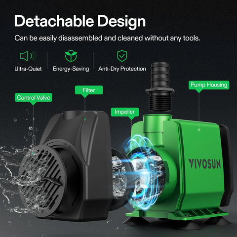 VIVOSUN 800GPH submersible pump, green housing with 3 nozzle attachments for ponds and aquariums