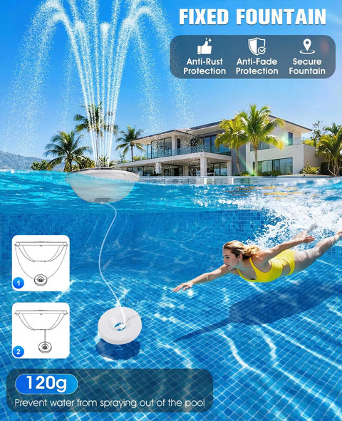 All Day Sun Powered Floating Pool Fountain Kit With Light Show Two Pack Upgraded 2026 Large Solar Fountains in pool with swimmer
