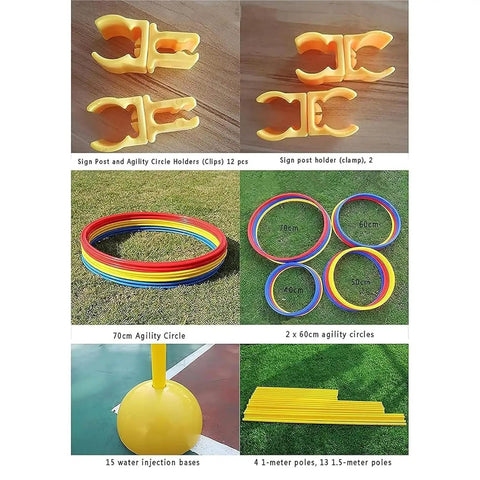 Components of Drone Racing Obstacle Course Kit Weekend Ready For Indoor And Outdoor Fun including clips, poles, circles.