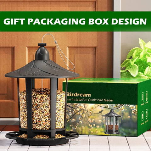 Two Pack Outdoor Hanging Bird Feeders With Quick One Minute Setup And Charming Castle Design Attracting Cardinals Chickadees Goldfinches And Sparrows Black Easy To Assemble For Family Fun And A Great Gift shown with packaging
