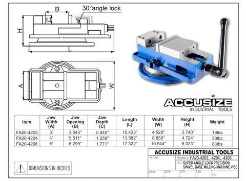 Beefy 3 Inch Heavy Duty Precision Swivel Base Milling Machine Vise With Quick Lock Hinged Handle And 3 Inch Jaw Width Three Point Five Four Inch Opening Blue Finish For Solid Clamping In Metalworking And Milling Projects, dimensions and design details diagram included on the left
