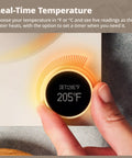 Close-up of hand adjusting temperature dial on electric gooseneck kettle, displaying 205°F for precision brewing control.