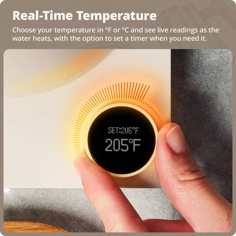Close-up of hand adjusting temperature dial on electric gooseneck kettle, displaying 205°F for precision brewing control.