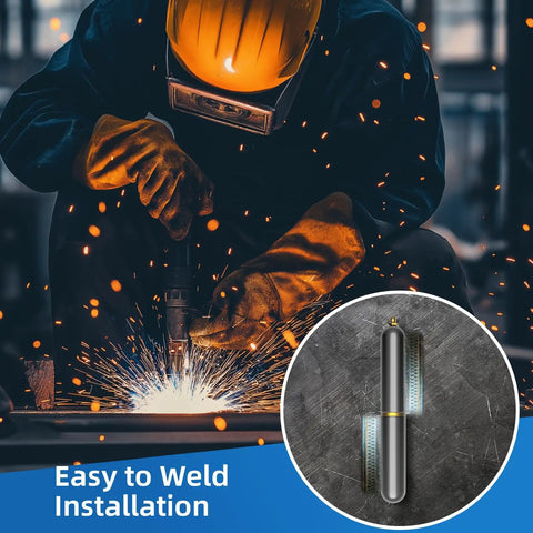 Welding installation with sparks and gloves showcasing Heavy Duty 3 Inch Weld On Hinges 4 Pack With Grease Fittings Tough As Nails Carbon Steel For Metal Gates Trailer Ramps And BBQ Smokers Hardcore Industrial Hardware.
