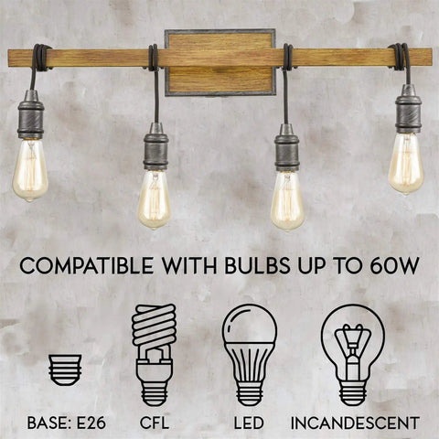 Farmhouse 4 Light Vanity Light Over Mirror For Bathroom With Wood Look Back Plate And Metal Accents, bulbs compatible