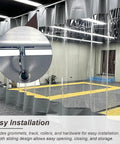 Heavy Duty Thermal Insulated Garage Divider Curtain With No Sweat Setup Track Durable Pvc Partition Barrier For Warehouses That Blocks Dust And Paint Mist Real Tight with grommet installation details.