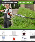 Person using 6 In 1 Backpack Gas Powered Weed Eater Kit With 52cc 2 Stroke Engine Includes String Trimmer Hedge Trimmer Pole Saw Brush Cutter Blade And Safety Lock Shoulder Strap For Lawn Trimming on hedges
