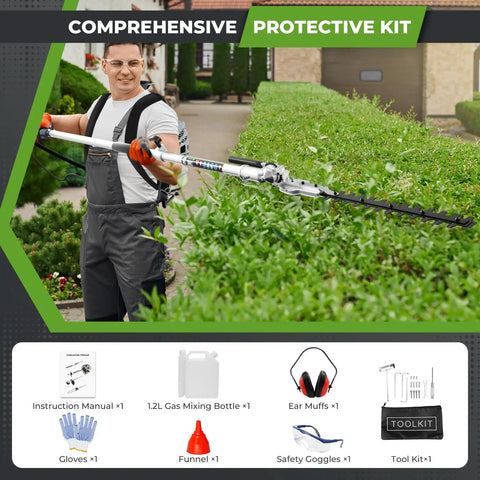 Person using 6 In 1 Backpack Gas Powered Weed Eater Kit With 52cc 2 Stroke Engine Includes String Trimmer Hedge Trimmer Pole Saw Brush Cutter Blade And Safety Lock Shoulder Strap For Lawn Trimming on hedges