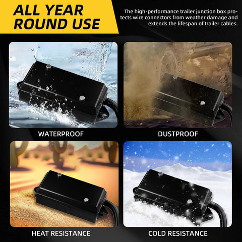 Built Like A Tank 7 Way Trailer Plug And Inline Connector Cord With Waterproof Junction Box, showing resistance to water and dust.