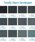 Totally 36pcs sandpaper with different grit levels from 120 to 3000, part of All In One Sandpaper Kit With 36 Wet Or Dry Grit Sheets.