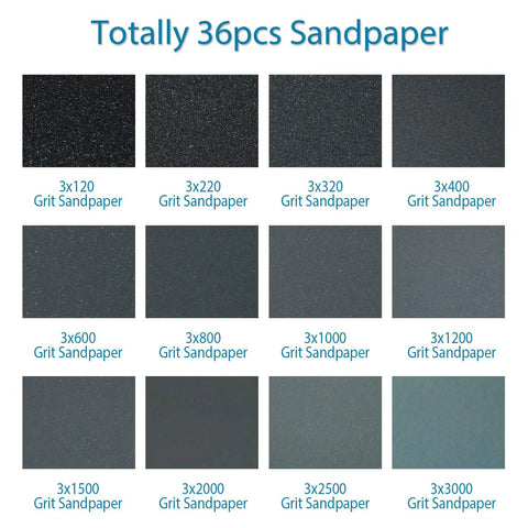Totally 36pcs sandpaper with different grit levels from 120 to 3000, part of All In One Sandpaper Kit With 36 Wet Or Dry Grit Sheets.