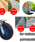 Set Of Four Built Tough 10 Inch Pneumatic Caster Wheels With Swivel Top Plate And Side Brakes Silent Rubber Industrial Casters For Workshop Carts Tool Boxes And Furniture Dollies on various pavements including dirt, gravel, and cement.