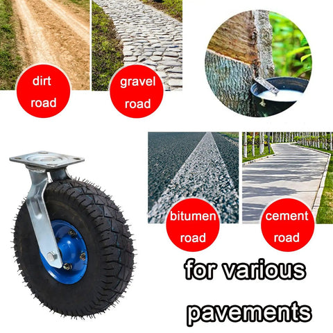 Set Of Four Built Tough 10 Inch Pneumatic Caster Wheels With Swivel Top Plate And Side Brakes Silent Rubber Industrial Casters For Workshop Carts Tool Boxes And Furniture Dollies on various pavements including dirt, gravel, and cement.