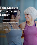 Two women smiling with text about bone health benefits, related to Calcium Citrate Supplement 500 Mg 120 Tablets For Strong Bones And Muscle Health No Fuss Digestion Gentle On The Stomach Supports Bone Maintenance And Everyday Wellness