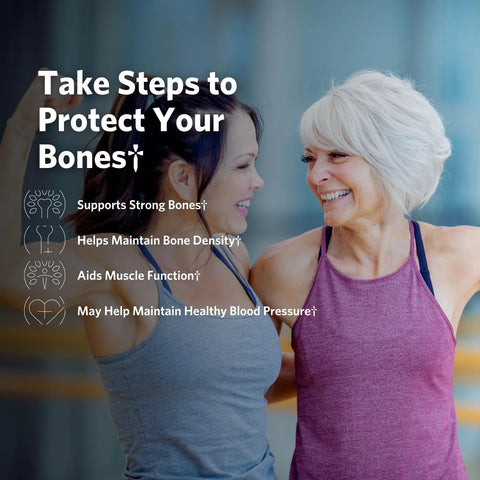 Two women smiling with text about bone health benefits, related to Calcium Citrate Supplement 500 Mg 120 Tablets For Strong Bones And Muscle Health No Fuss Digestion Gentle On The Stomach Supports Bone Maintenance And Everyday Wellness