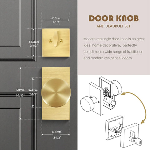 Gold Door Knob With Deadbolt Set In Satin Brass, Single Cylinder Hardware For Exterior Or Interior Doors diagram