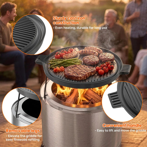 Cast Iron Griddle Pan For Solo Stove Ranger Fire Pit 14 Inch Cooking Surface Double Sided Reversible Grill With Detachable Legs Extends Outdoor Camping Kitchen Space in use with food.