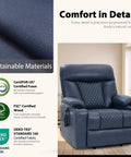 Built Tough Power Lift Recliner Chair With Heat And Massage, Cup Holders, USB Type C Ports, Navy Blue in a living room.