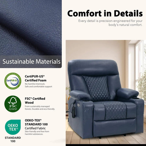 Built Tough Power Lift Recliner Chair With Heat And Massage, Cup Holders, USB Type C Ports, Navy Blue in a living room.