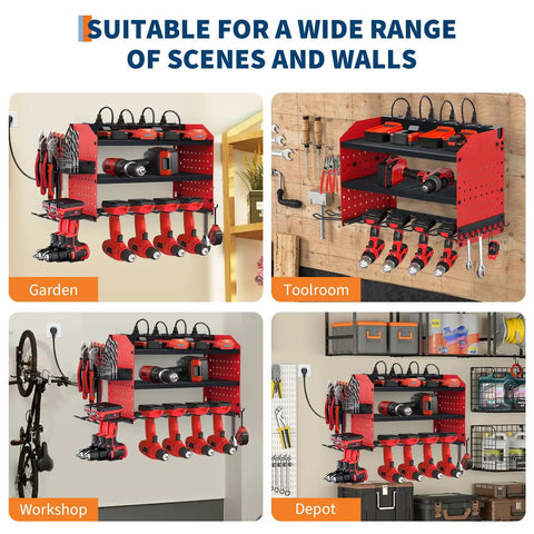 Heavy Duty Tool Organizer Wall Mount With Charging Station For Garage Three Layer Storage Rack displayed in various settings