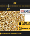 Close-up of 1/2 Inch Grade 70 Transport Chain 200 Foot Heavy Duty Roll For Truck And Flatbed Trailer Hauling with 11300 Pound Working Load Limit.