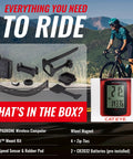 Padrone Wireless Bike Computer With Oversized Display And No GPS kit showing bike computer, FlexTight mount, and accessories.