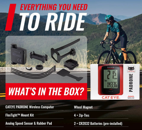 Padrone Wireless Bike Computer With Oversized Display And No GPS kit showing bike computer, FlexTight mount, and accessories.