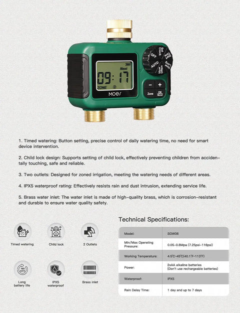 Two Zone Sprinkler Timer With Brass Inlet And Outlet, Programmable Irrigation Controller With Rain Delay, front view