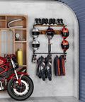 Heavy Duty Wall Mounted Helmet Rack with Six J Hooks and Six Clip Hooks holds six helmets and gear, space-saving storage in garage