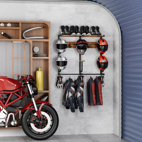 Heavy Duty Wall Mounted Helmet Rack with Six J Hooks and Six Clip Hooks holds six helmets and gear, space-saving storage in garage