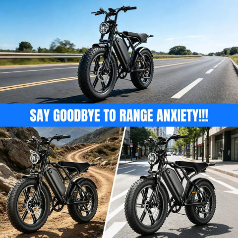TST R002/R002S E-bike on road, rocky path, and urban setting, showcasing versatility.