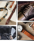 Collage showing belts, leather shoes, watch, and leather jacket.