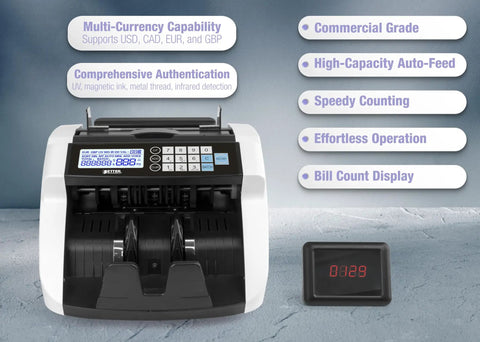 High Speed Money Counter With Multi Currency Detection, Counterfeit Bill Detector, LCD Display, 1000 Notes Per Minute shown