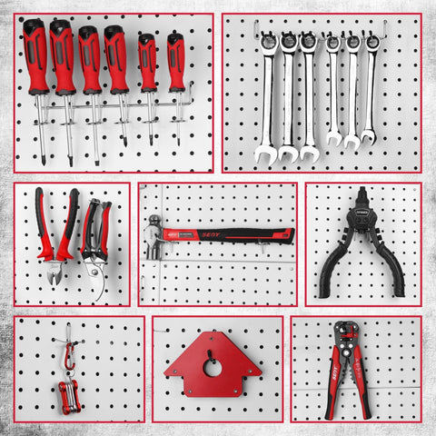Heavy Duty 121 Piece Pegboard Hook Set With Chrome Metal Hooks Durable Pegboard Organizer Kit For Garage Or Shop Includes Pegboard Bins And Tool Utility Hooks For Easy Clutter Free Storage displayed on white pegboard with various tools hung.
