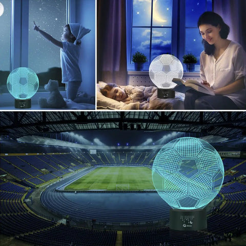3D Soccer Night Light With Touch Control, 7 Color Changing LED Illusion Lamp, Acrylic Flat Panel And ABS Base, USB Powered Desk Table Light For Boys, Realistic Soccer Optical Illusion That Pops In Any Room, displayed in bedroom and stadium settings.