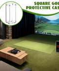 Square Golf Launch Monitor Protective Shield Case in clear acrylic displayed in indoor golf simulator setup.