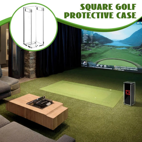 Square Golf Launch Monitor Protective Shield Case in clear acrylic displayed in indoor golf simulator setup.